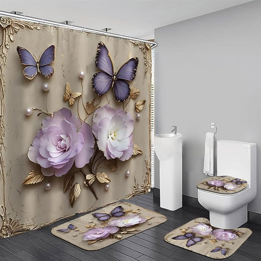 Chrainy 4pcs Vintage Butterfly Shower Cutain Set Bathroom Decor with Rugs | Bath Accessories with Waterproof Curtain, Bath Mat, Toilet Lid Cover, U-Shaped Rug and 12 Hooks for Washroom, 71*71in