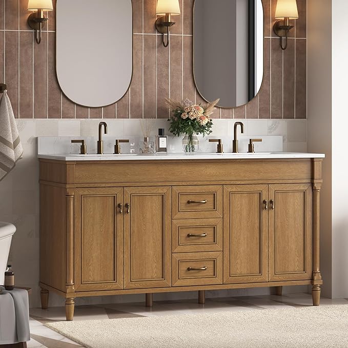 60 Inch Bathroom Vanity with Sink Combo, Classic Cabinet with Countertop & Backsplash, Solid Wood with Soft Closing Doors & Dovetail Drawers, Ceramic Sink, Light Walnut