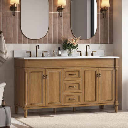 60 Inch Bathroom Vanity with Sink Combo, Classic Cabinet with Countertop & Backsplash, Solid Wood with Soft Closing Doors & Dovetail Drawers, Ceramic Sink, Light Walnut