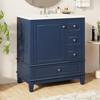 30" Bathroom Vanities Cabinet with Ceramic Sink Set Combo, Multi-Functional Storage Organizer Door Shelf, Three Drawers, Soft-Closing Door, Blue
