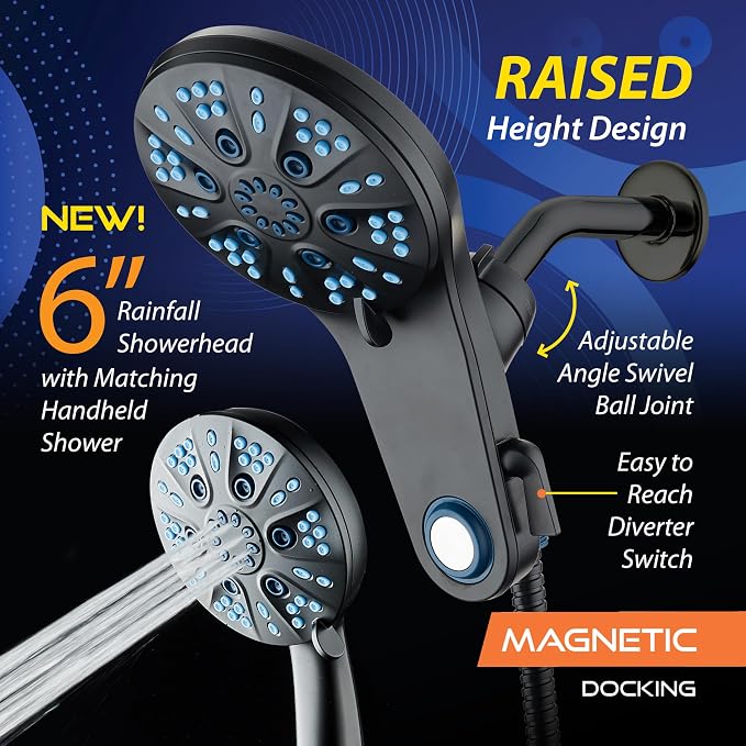 AquaCare Magneton 48-Mode High Pressure Rain & Handheld Shower Head Combo | Space-age Magnetic Guidance Docking, Dual 6-mode Heads with Hygienic Jets, Extra-long 6 ft. Stainless Steel Hose / Black