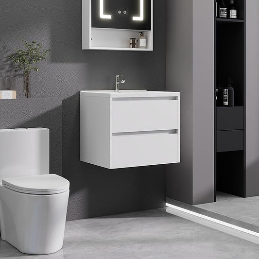 White Floating Bathroom Vanity with Sink, 23x18 Inch Wall Mounted Bathroom Cabinet with 2 Drawers, Modern Single Sink Vanity for Small Bathroom, Space-Saving Storage Cabinet