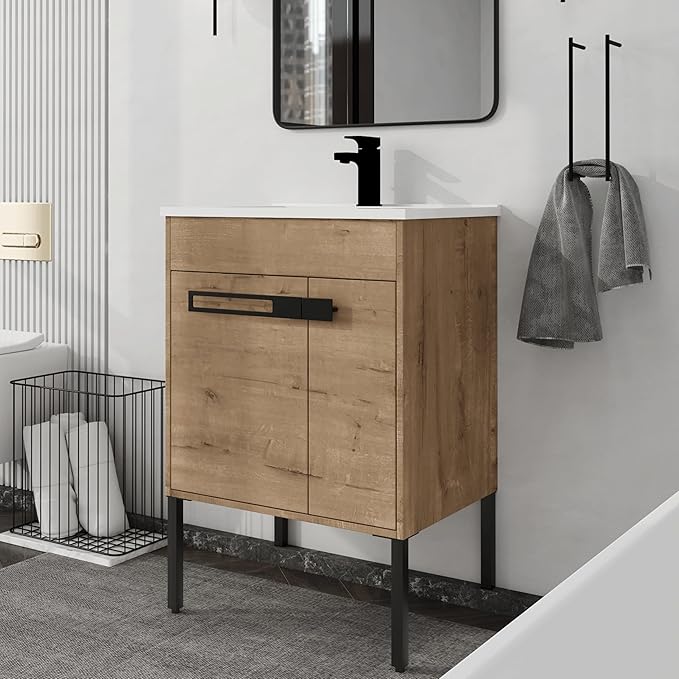 24 Inch Bathroom Vanity with Sink, 24'' Freestanding Vanity Cabinet with Ceramic Basin, 2 Soft-Closing Doors, Waterproof Plywood, Modern Storage for Small Bathroom, Apartment, 00324IMO+9060B