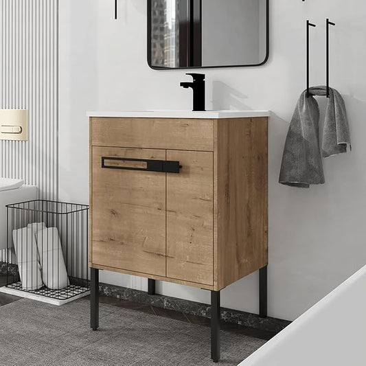 24 Inch Bathroom Vanity with Sink, 24'' Freestanding Vanity Cabinet with Ceramic Basin, 2 Soft-Closing Doors, Waterproof Plywood, Modern Storage for Small Bathroom, Apartment, 00324IMO+9060B