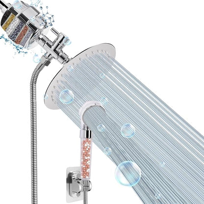 Filter Shower Head, High Pressure 8 Inch Rainfull with Filter Combo for Hard Water, Remove Chlorine Fluoride and Harmful Substances- 1 Replaceable Filter Cartridge (Round, Chrome)