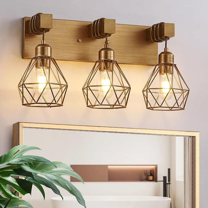 maesta 3 Light Bathroom Vanity Light, Farmhouse Gold Fixture Over Mirror | Farmhouse Bathroom Light Fixtures, Wood & Metal, Anti-Rust, Easy to Install for Rustic Bathroom Hallway
