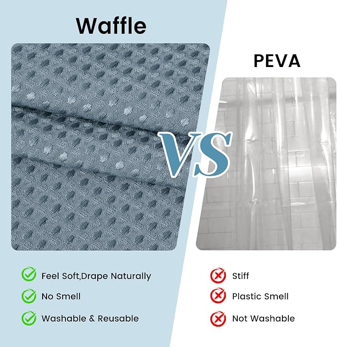 SORTTO No Hook Shower Curtain with Snap in Liner Set Waffle Shower Curtain for Bathroom Hotel Style Fabric Waterproof Inner Liner，71" W x 74" H, Stone Blue