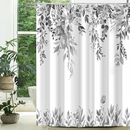 Grey Floral Eucalyptus Shower Curtain with Hooks, 72x72 Inch | Waterproof Fabric, Watercolor Leaves and Floral, Botanical Style, Machine Washable, Quick-Drying, for Hotel Bathroom