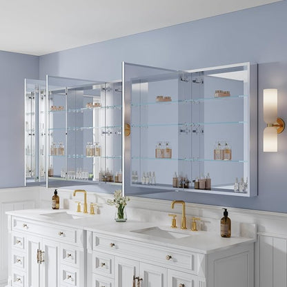96" x 36" Bathroom Medicine Cabinet with Mirror, Anodized Chrome Aluminum Frame, Surface Mount or Recessed Medicine Cabinet with Mirror, Bathroom Mirror with Storage, Five Doors