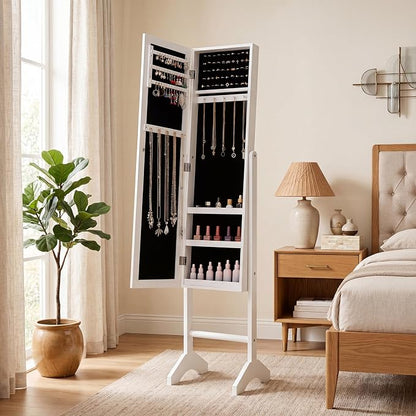 Giantex Jewelry Armoire with Full Length Mirror, Freestanding Jewelry Organizer Cabinet with Ring Slots, Earring Holders, Necklace Hooks & Storage Shelves for Bedroom (White)