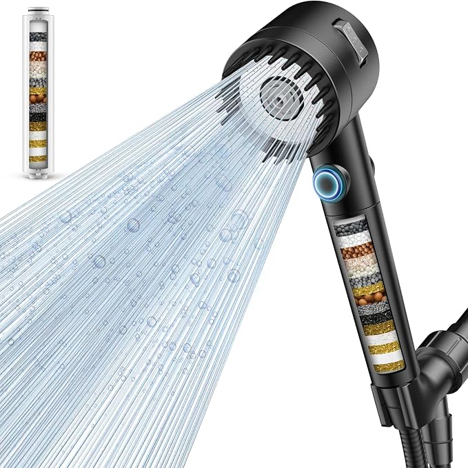 Filtered Shower Head with Handheld,High Pressure 5 Mode Shower with Filters | ON/OFF Switch Shower Filter Head for Hard Water, Remove Chlorine, Reduce Dry Itchy Skin,Holder & 60'' Hose Showerhead