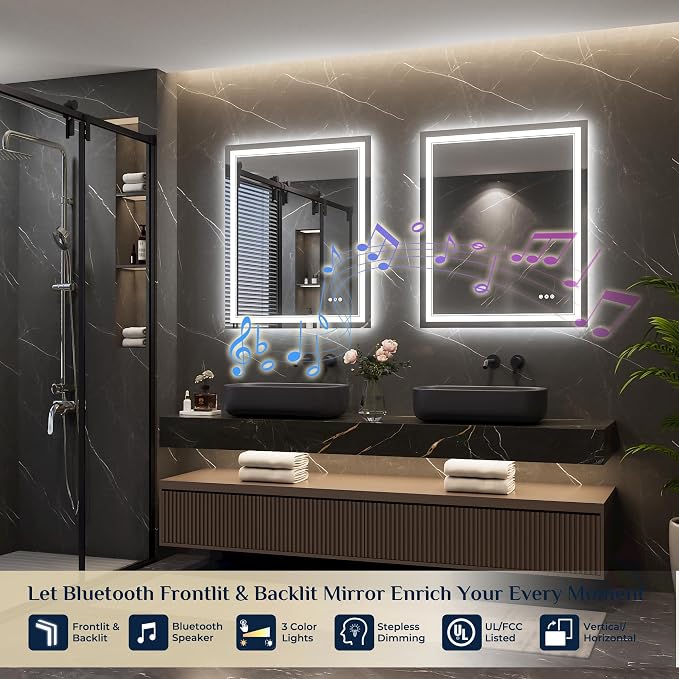 Keonjinn 30 x 36 Inch LED Bathroom Mirror with Lights, Frontlit & Backlit | Bluetooth Speaker, Bluetooth Mirror Bathroom, HD Tempered Glass, 3000K/4500K/6000K, Dimmable, Fast & Safe Defogging, CRI90+