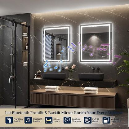 Keonjinn 30 x 36 Inch LED Bathroom Mirror with Lights, Frontlit & Backlit | Bluetooth Speaker, Bluetooth Mirror Bathroom, HD Tempered Glass, 3000K/4500K/6000K, Dimmable, Fast & Safe Defogging, CRI90+