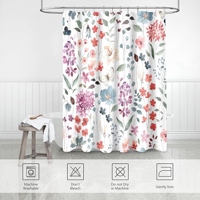 Long Shower Curtain 72 x 78 Inch, Tall Colorful Floral Shower Curtain for Bathroom, Watercolor Flower Butterfly Fabric Shower Curtain Set with Hooks
