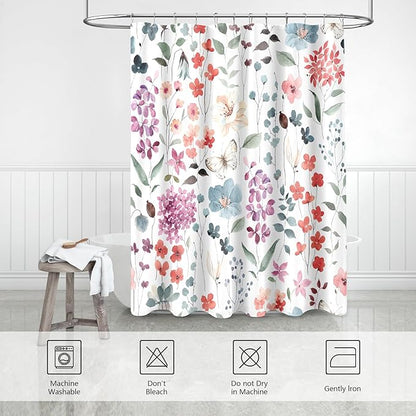 Long Shower Curtain 72 x 78 Inch, Tall Colorful Floral Shower Curtain for Bathroom, Watercolor Flower Butterfly Fabric Shower Curtain Set with Hooks