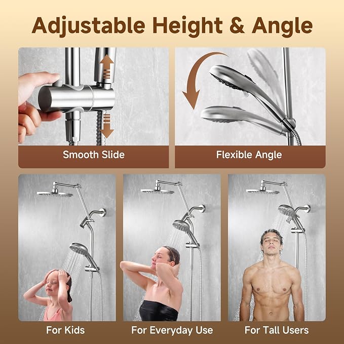 BRIGHT SHOWERS Rain Shower Head with Handheld Spray, High Pressure Dual Shower Head, Adjustable Extension Arm & Slide Bar, 9 Spray Modes Built-in Power Wash, 3-Way Diverter, 69" Hose, Brushed Nickel