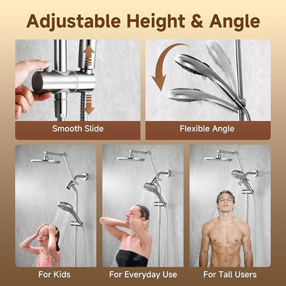 BRIGHT SHOWERS Rain Shower Head with Handheld Spray, High Pressure Dual Shower Head, Adjustable Extension Arm & Slide Bar, 9 Spray Modes Built-in Power Wash, 3-Way Diverter, 69" Hose, Brushed Nickel
