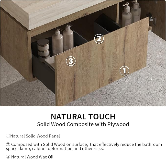 LKTART Floating 36 Inch Bathroom Vanity with Sink, Modern Plywood Wall Mounted Bathroom Storage Cabinet with 1 Door and 1 Drawer, Roma Travertine-Pattern Sintered Stone Countertop and Ceramic Basin