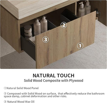 LKTART Floating 36 Inch Bathroom Vanity with Sink, Modern Plywood Wall Mounted Bathroom Storage Cabinet with 1 Door and 1 Drawer, Roma Travertine-Pattern Sintered Stone Countertop and Ceramic Basin