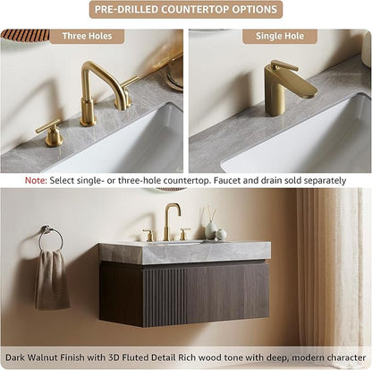 30” Floating Bathroom Vanity with Sink, Wall-Mounted Cabinet with Drawer & Doors, Gray Travertine-Pattern Sintered Stone Top, Undermount Basin, 3 Faucet Hole, Soft-Close, Pre-Assembled, Dark Oak