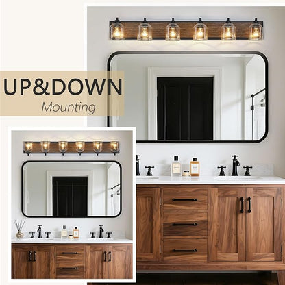 6-Light Vanity Lights for Bathroom Large 48" with Bubble Glass Shade | Farmhouse Rustic style, Hand-Painted Brown Wood-Grain Metal Backplate, E26 Ceramic Socket, UL&ETL, Mount up/down, over mirror