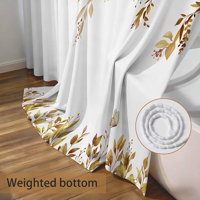 Brown Floral Eucalyptus Shower Curtain with Hooks, 72x78 Inch | Waterproof Fabric, Watercolor Leaves and Floral, Botanical Style, Machine Washable, Quick-Drying, for Hotel Bathroom
