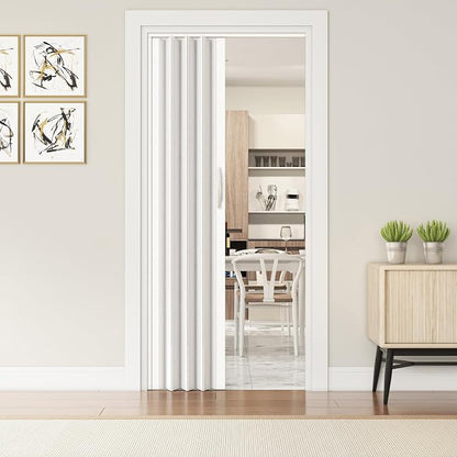 48" x 80" Premium Foldable Accordion Door,Heavy Duty,White Oak | Foldable accordion doors w/ double‑walled heavy‑duty panels, ideal as interior room dividers for privacy, space‑saving design