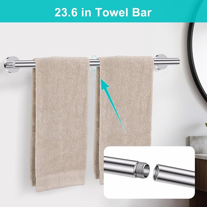Polished Chrome Towel Bar Bathroom Hardware Accessories Set, 5 Pieces Toilet Paper Holder Towel Racks Set for Bathroom Stainless Steel Wall Mounted 23.6 in