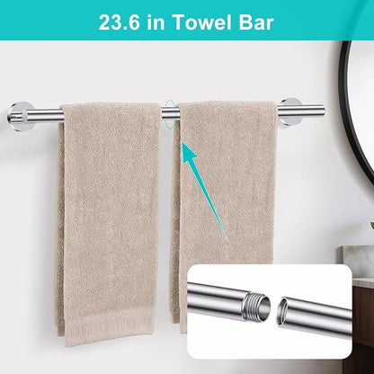 Polished Chrome Towel Bar Bathroom Hardware Accessories Set, 5 Pieces Toilet Paper Holder Towel Racks Set for Bathroom Stainless Steel Wall Mounted 23.6 in