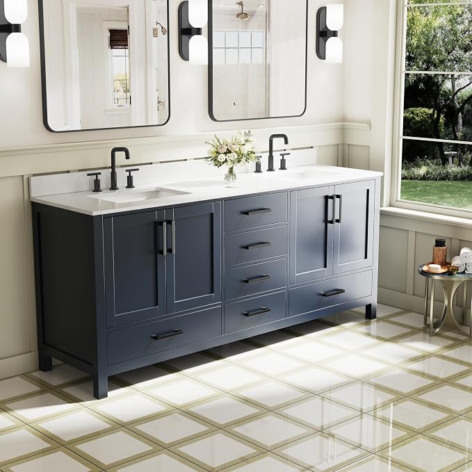 80-Inch Bathroom Vanity with Sink, 4 Soft-Close Doors and 6 Soft-Close Drawers, Bathroom Freestanding Vanity with Cultured Marble Countertop, Navy Blue Vanity with Matte Black Handles