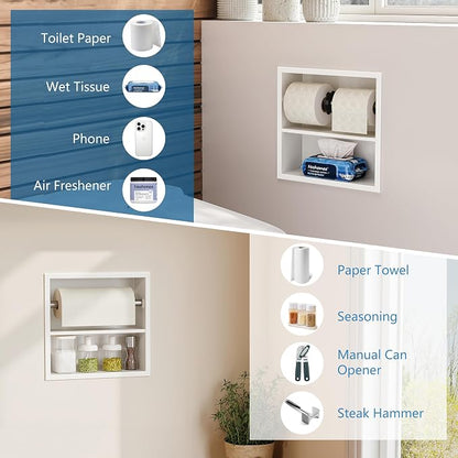 Neodrain White Recessed Toilet Paper Holder,Double Layer Wet Tissue Holder | Space-Saving Wall Niche Cabinet Storage, Rustproof & Durable,For Bathroom, Kitchen & Vanity