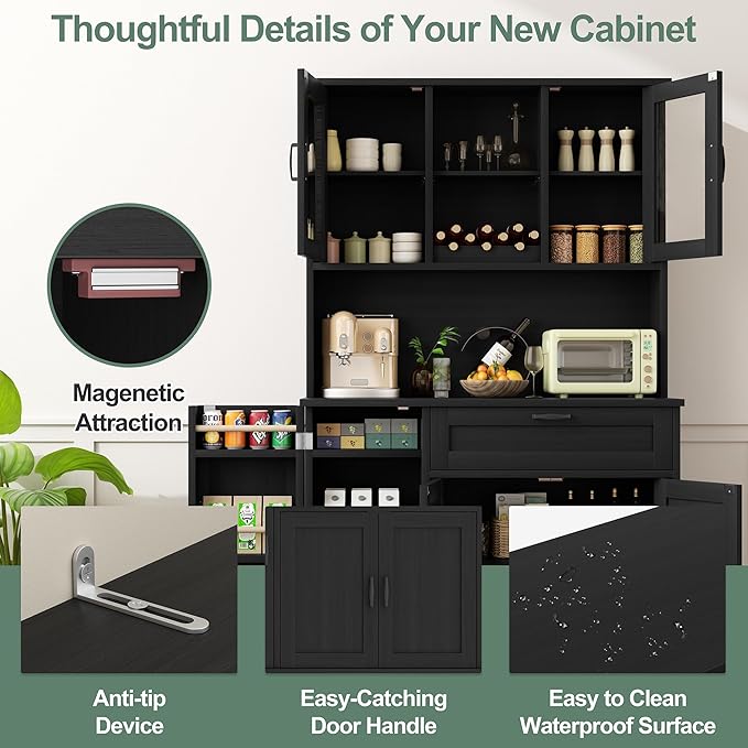 Shintenchi 68" Kitchen Pantry Storage Cabinet, with Microwave Stand, Black | Freestanding Buffet Cabinet, with 3 Door Shelves, Kitchen Hutch with Doors, Adjustable Shelves and Wine Rack
