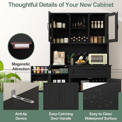 Shintenchi 68" Kitchen Pantry Storage Cabinet, with Microwave Stand, Black | Freestanding Buffet Cabinet, with 3 Door Shelves, Kitchen Hutch with Doors, Adjustable Shelves and Wine Rack