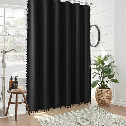 Extra Long Black Boho Linen Shower Curtain 84 Inches Textured Heavy Duty Fancy Tassel Farmhouse Fabric Bath Curtain Set with Hooks Neutral Modern Luxury Shower Curtains for Bathroom 72x84