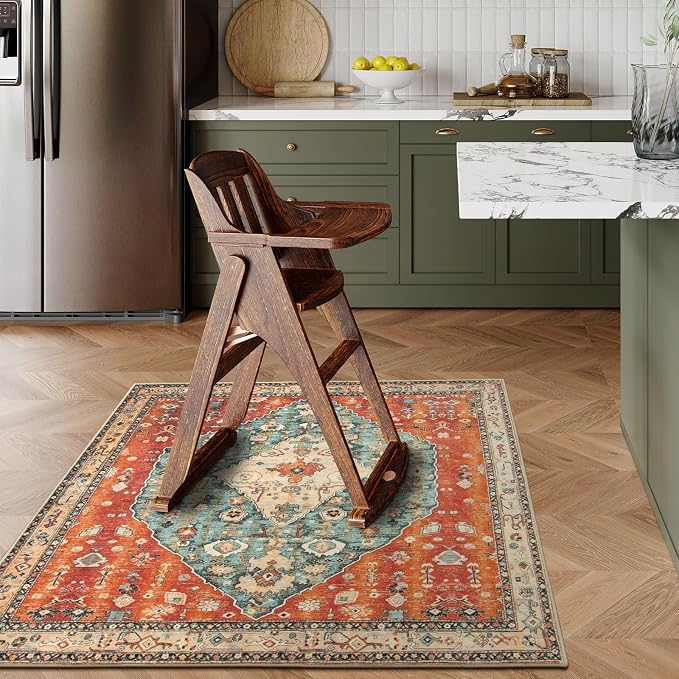 Lahome Felice Boho Tribal Square 4x4 Washable Rug, Soft Living Room Kitchen Entry Rugs with Rubber Backing, Oriental Non-Slip Indoor Throw Bedroom Carpet for Nursery Office (Rust/Dull Teal,4x4ft)