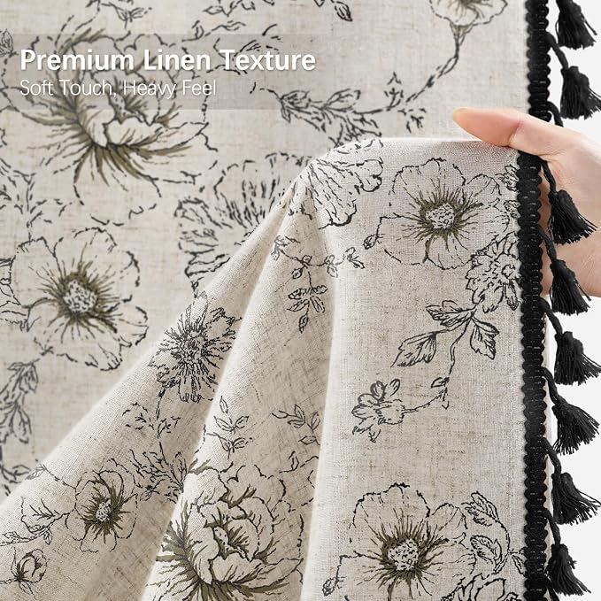 Farmhouse Floral Vintage Shower Curtain for Bathroom, Black and Tassels | Elegant Boho Tassels Pattern Bath Curtain, Linen Fabric, 72" W x 72" L