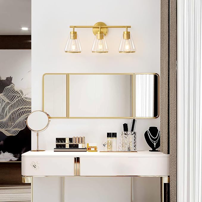 22" 3-Light Brushed Gold Modern Bathroom Vanity Light Fixtures Over Mirror | Clear Glass Shade, Heat-Resistant Ceramic E26 Socket, Wall Sconces, Rustproof, Fit 16–22 Inch Mirrors for Vanity Table