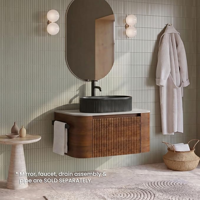 30" Preassembled Floating Bathroom Vanity with Black Sink, Walnut | Mid-Century Modern Style, Fluted & Soft-Close Drawer with U-shaped Wall, Sinterted Stone Countertop, Towel Rack Included