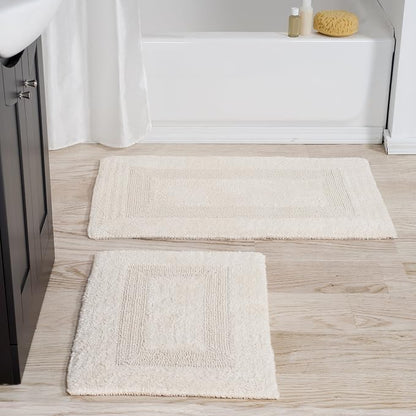 Bedford Home Bathroom Rugs Set (67A-01677) - 2-Piece Cotton Bathroom Mat Set, Machine Washable Standard & Large Bath Mats for Washroom, Kitchen, or Laundry Room (Ivory)