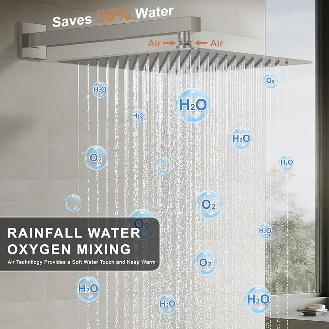 Rain Shower System 12" & 6" Dual Shower Heads, Wall Mount Shower Faucet Set | Ideal for bathroom remodels and upgrades with 12" rain shower, 6" angled shower, handheld spray and complete valve kit.