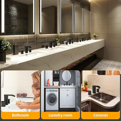 Black Bathroom Sink Faucet 3 Hole - Waterfall Bathroom Faucet 8 Inch Widespread Matte Black Faucet Bathroom 2-Handles Modern Vanity Faucets with Overflow Pop Up Drain & Supply Lines