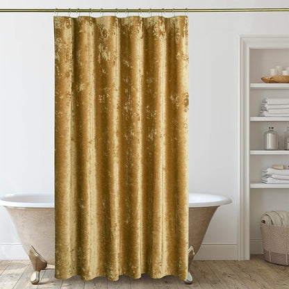 TAMGHO Mustard Gold Shower Curtain for Bathroom, Crushed Velvet Dark Mustard Yellow Shower Curtain with Gold Decro Metal Hooks, Machine Washable Thick Fabric, 72 x 72 inches