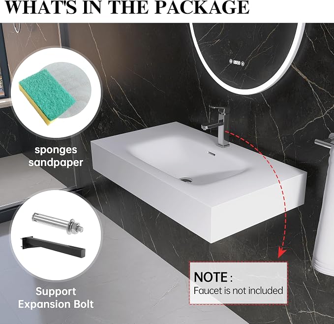 Wall Mount Bathroom Sink 31.9"L x 18"W x 5"H, Resin Stone Floating Sink with Single Facuet Hole, Rectangle Countertop Freestanding Vessel Sinks