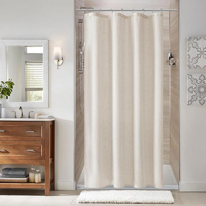 42 Inch Shower Curtain - Stall Narrow Half Green Linen Ultra Thick Fabric Shower Curtain Set with Hooks, Boho Farmhouse Rustic RV Camper Bath Curtains for Bathroom, Oatmeal, 42x72