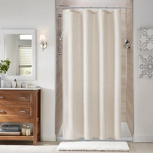 42 Inch Shower Curtain - Stall Narrow Half Green Linen Ultra Thick Fabric Shower Curtain Set with Hooks, Boho Farmhouse Rustic RV Camper Bath Curtains for Bathroom, Oatmeal, 42x72