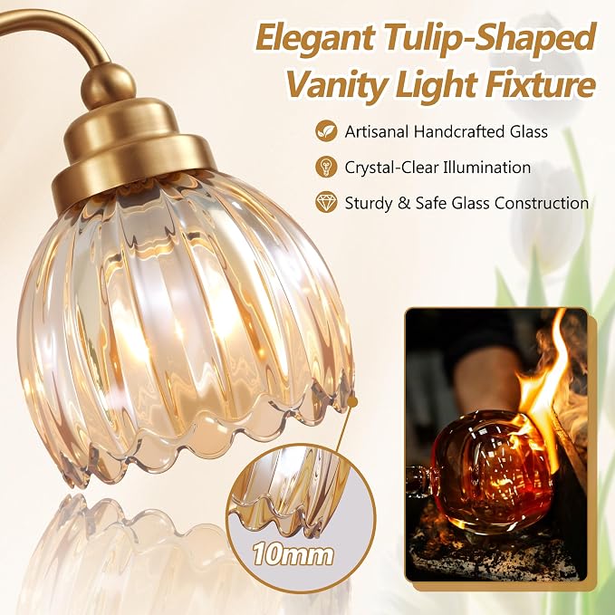 Vintage Gold 2-Light Vanity Lights, Tulip Crystal, Antique Brass Finish | Brushed Gold Bathroom Light Fixtures, Amber Wall Sconce Ideal for Bedroom, Living Room, E26 Compatible, Easy Install