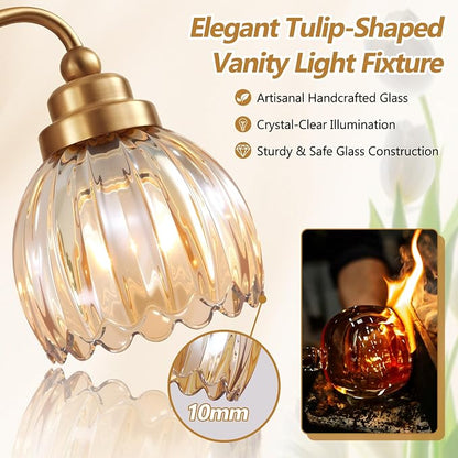 Vintage Gold 2-Light Vanity Lights, Tulip Crystal, Antique Brass Finish | Brushed Gold Bathroom Light Fixtures, Amber Wall Sconce Ideal for Bedroom, Living Room, E26 Compatible, Easy Install