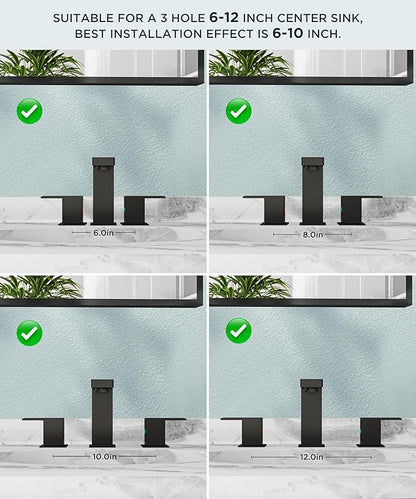 FORIOUS Black Bathroom Faucet 3 Hole, Matte Black Bathroom Sink Faucet 8 Inch Widespread, 2 Handle for Restroom Sink with Pop Up Drain, CUPC Supply Hose and Spare Water Saving Aerator, Vanity 3 Holes