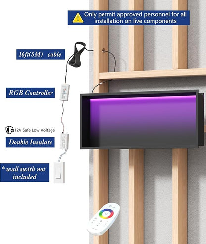 RGB LED Light Shower Niche, Matte Black 30X12 in Stainless Steel Wall Niche with Remote Control, Waterproof No Tile Needed Wall Niche for Bathroom Storage Built-in Installation