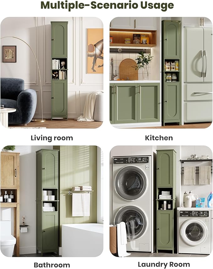 HAIOOU 67" Tall Bathroom Storage Cabinet with Light,11.8"W Narrow Bathroom Cabinet with Adjustable Glass Shelves,Slim Freestanding Cabinet for Small Spaces,Skinny Cabinet for Kitchen,Living Room Green